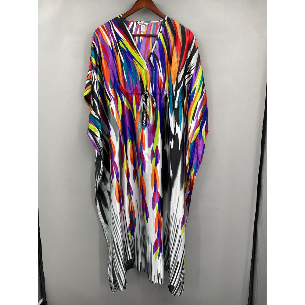Winlar Kaftan Dress Womens OSFM Abstract Multi Color Satin Maxi Gown 100D-7065